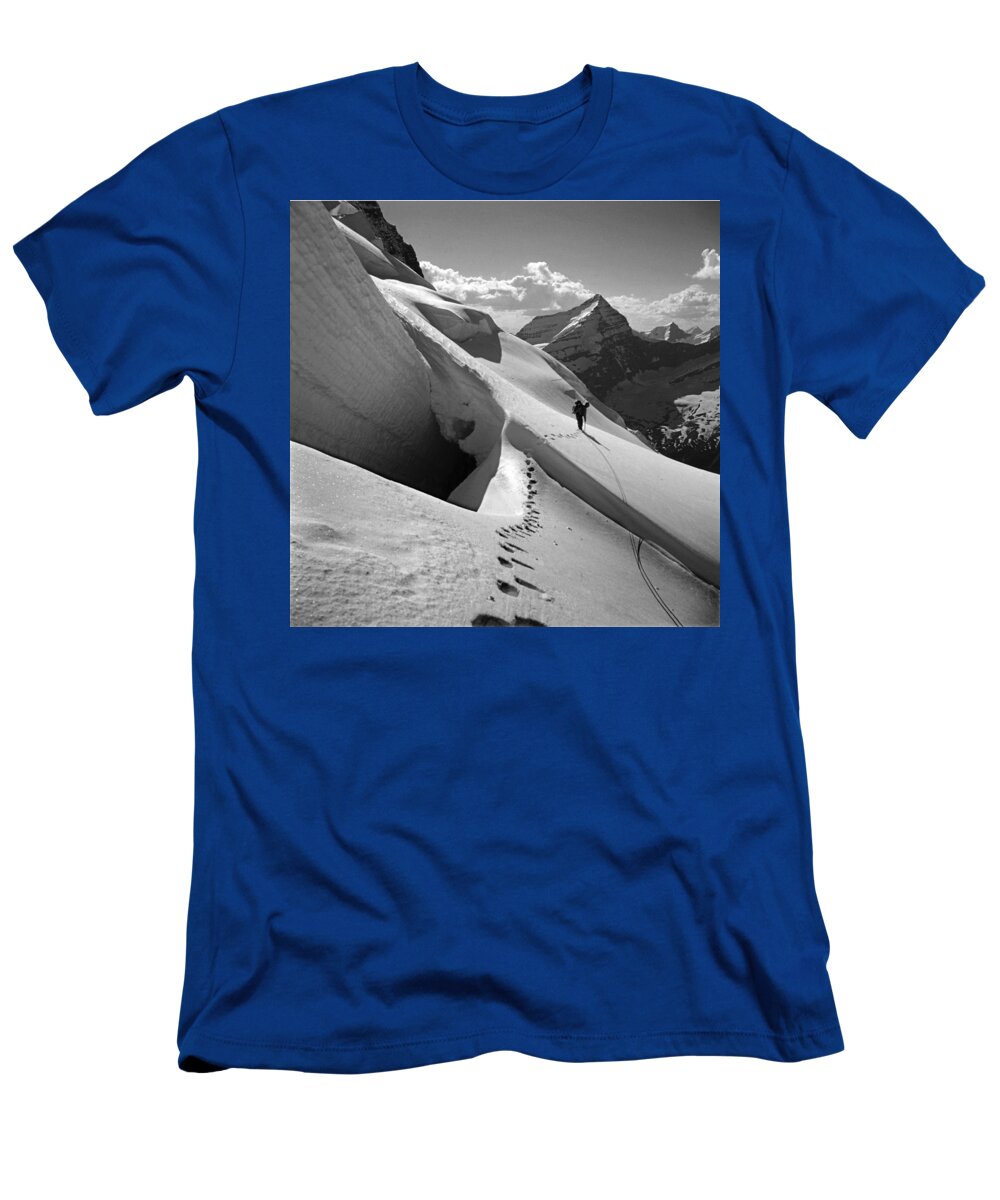 Footsteps T-Shirt featuring the photograph T-202410 BW Fred Beckey High on Berg Glacier by Ed Cooper Photography