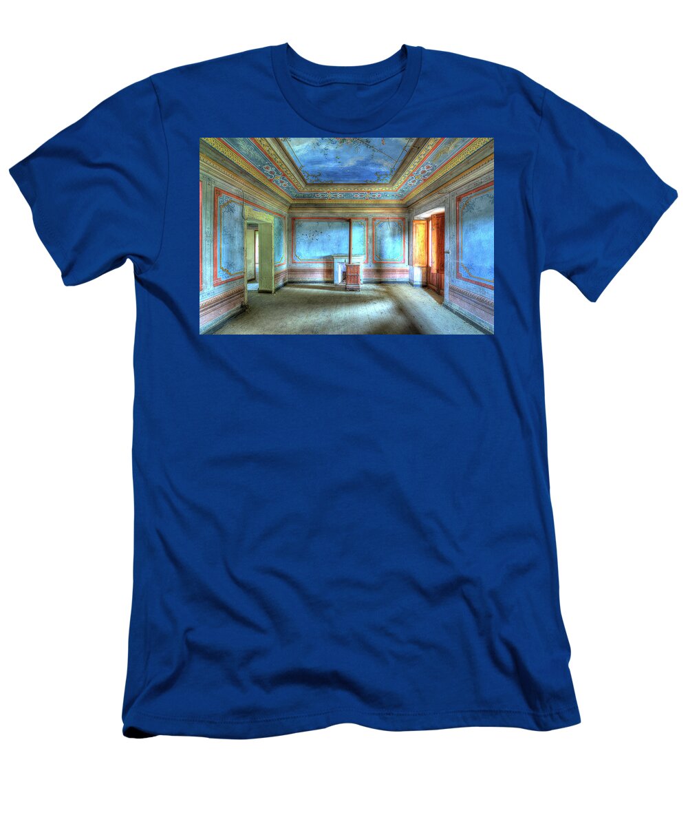 Luoghi Abbandonati T-Shirt featuring the photograph THE BLUE ROOM of THE VILLA WITH THE COLORED ROOMS by Enrico Pelos
