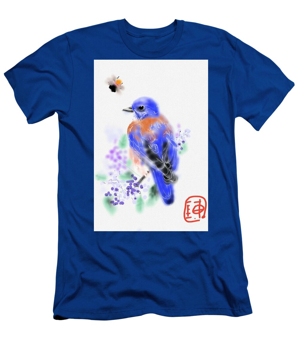 Bird. Bluebird. Berries T-Shirt featuring the digital art The bluebird sings by Debbi Saccomanno Chan