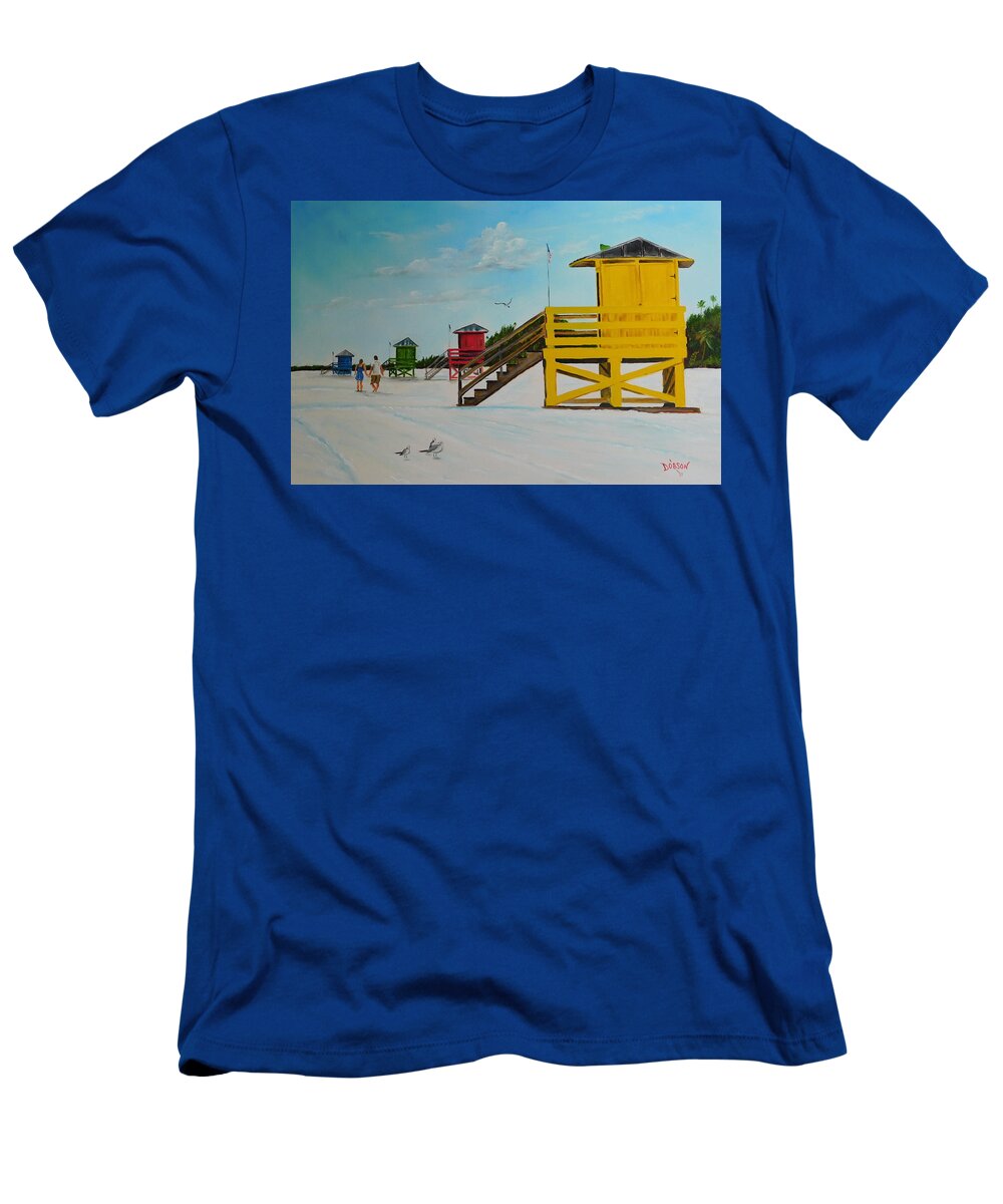 Siesta Key T-Shirt featuring the painting The Siesta Key Lifeguard Stands by Lloyd Dobson