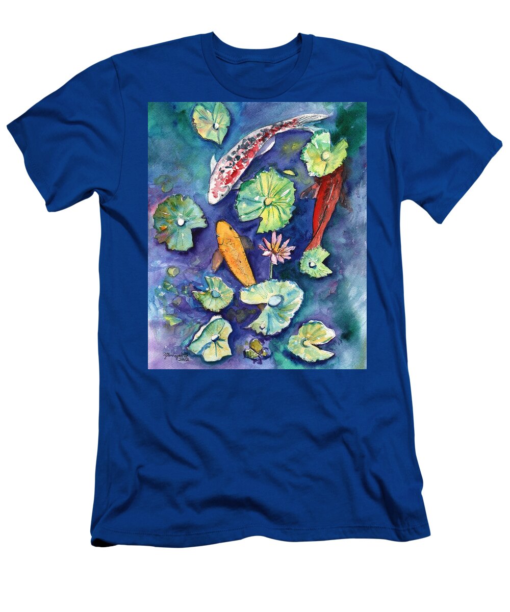 Koi T-Shirt featuring the painting Three Lucky Koi by Marionette Taboniar
