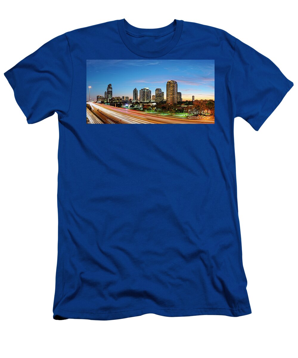 City T-Shirt featuring the photograph Twilight Panorama of Uptown Houston Business District and Galleria Area Skyline Harris County Texas by Silvio Ligutti