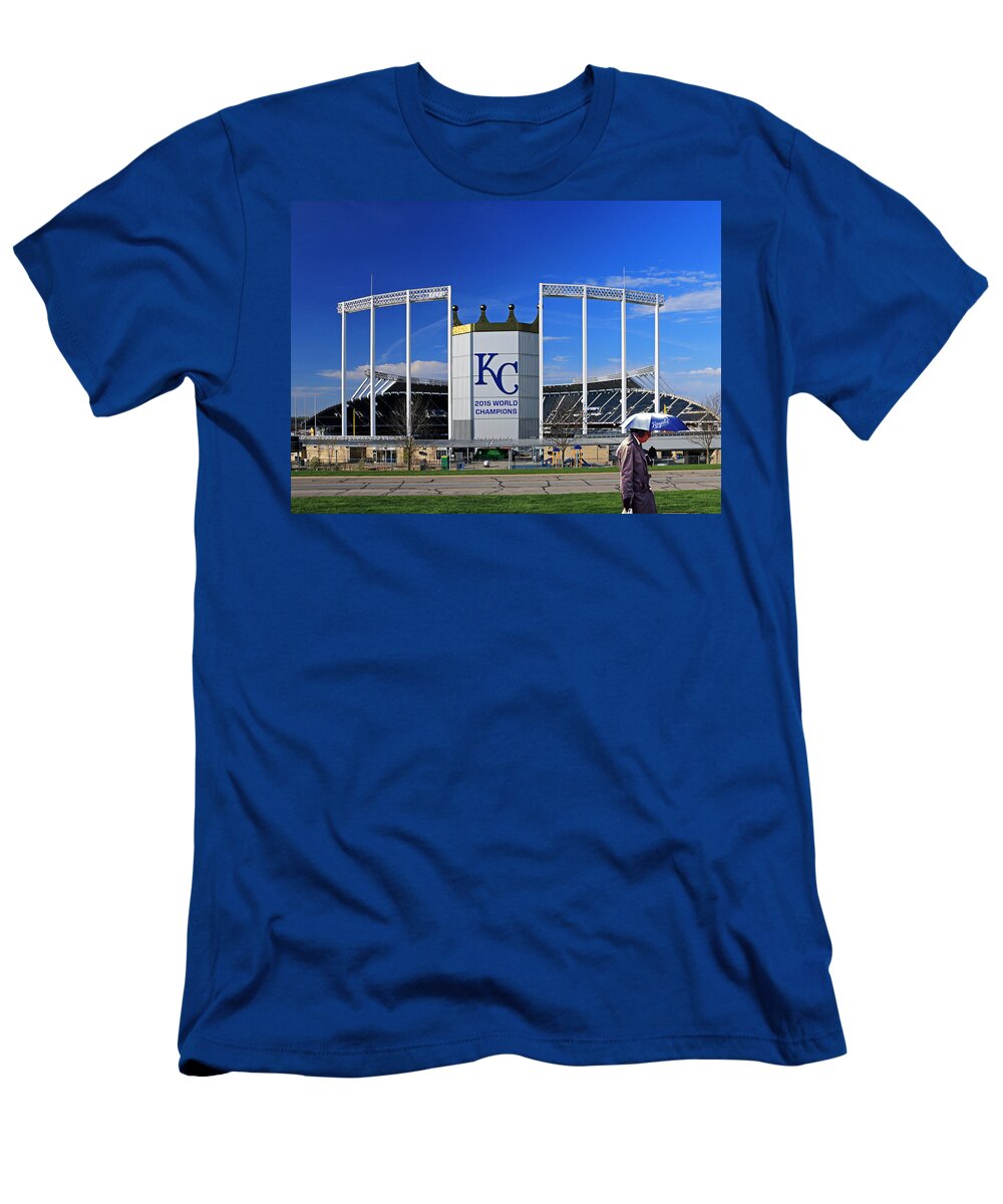 Kc T-Shirt featuring the photograph Umbrella Man at Kauffman Stadium by Christopher McKenzie