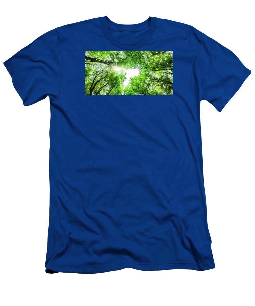Tree T-Shirt featuring the photograph View through tree canopy with bird soaring by Simon Bratt