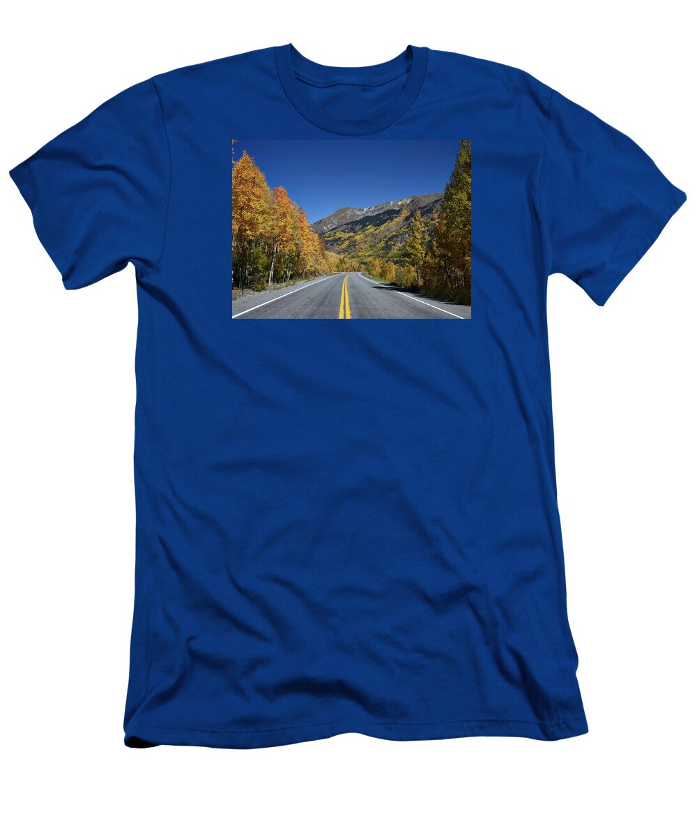 Carol M. Highsmith T-Shirt featuring the photograph Vivid fall colors on the Million-Dollar Highway in San Juan County in Colorado by Carol M Highsmith