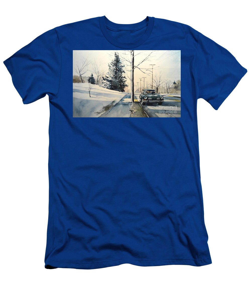 Volkswagen T-Shirt featuring the painting Volkswagen Karmann Ghia on snowy road by Christopher Shellhammer