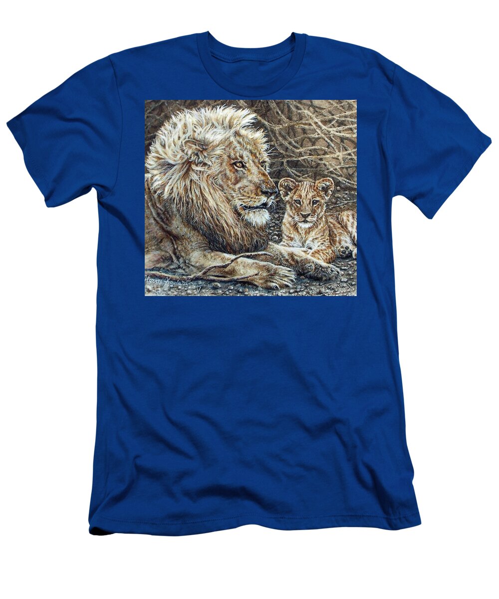 Lion T-Shirt featuring the painting Watching and Waiting by Denise Horne-Kaplan