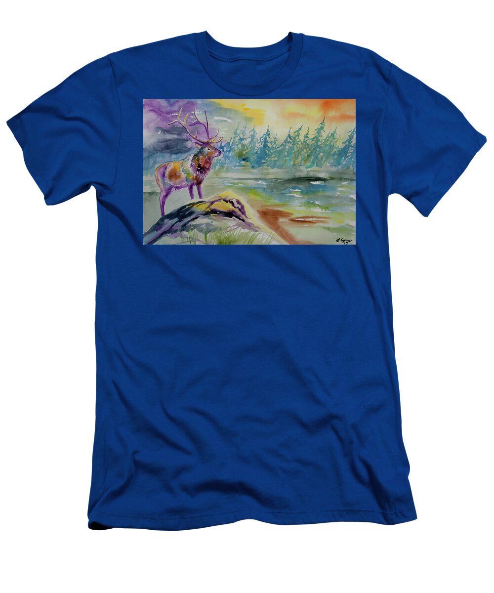 Elk T-Shirt featuring the painting Watercolor - Elk in the Rockies by Cascade Colors