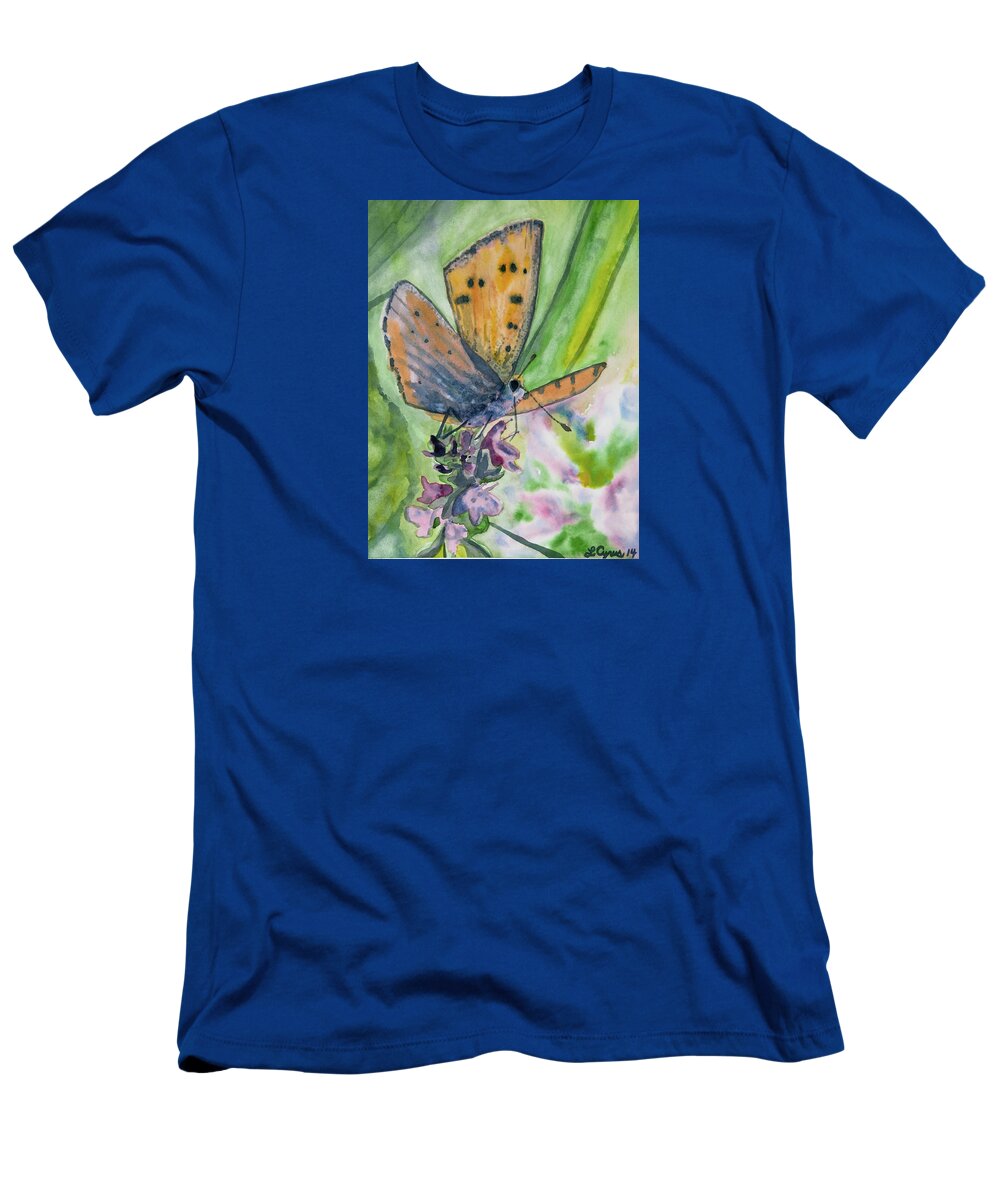 Butterfly T-Shirt featuring the painting Watercolor - Small Butterfly on a Flower by Cascade Colors