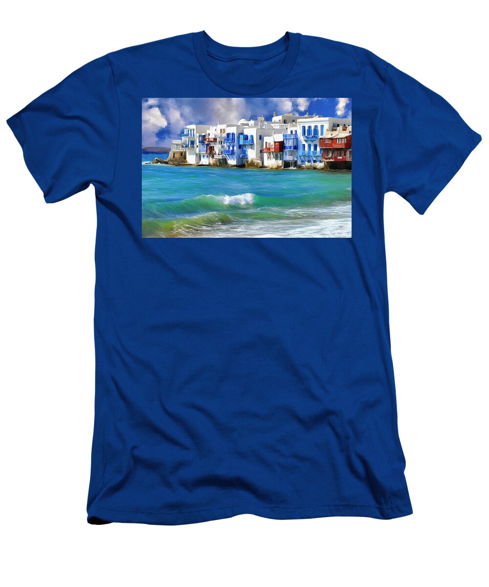 Waterfront At Mykonos T-Shirt featuring the painting Waterfront at Mykonos by Dominic Piperata