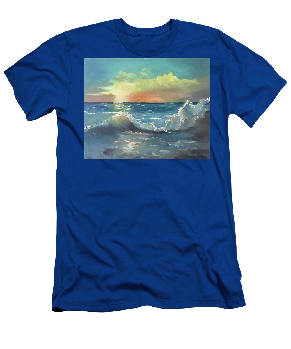 Original Oil Painting T-Shirt featuring the painting Waves in sunrise by Maria Karlosak