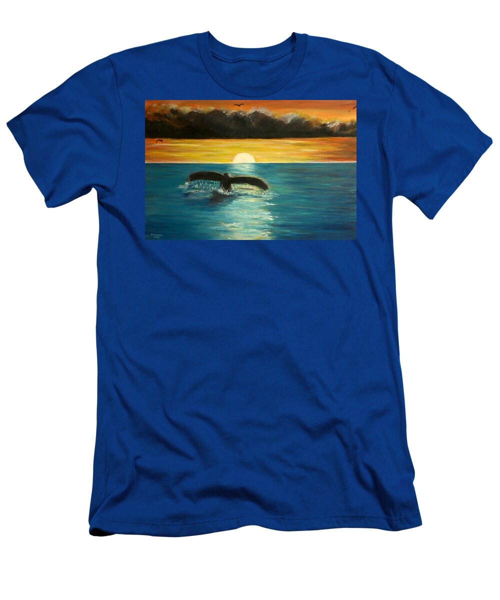 Whale T-Shirt featuring the painting Whale Tail at Sunset by Bernadette Krupa