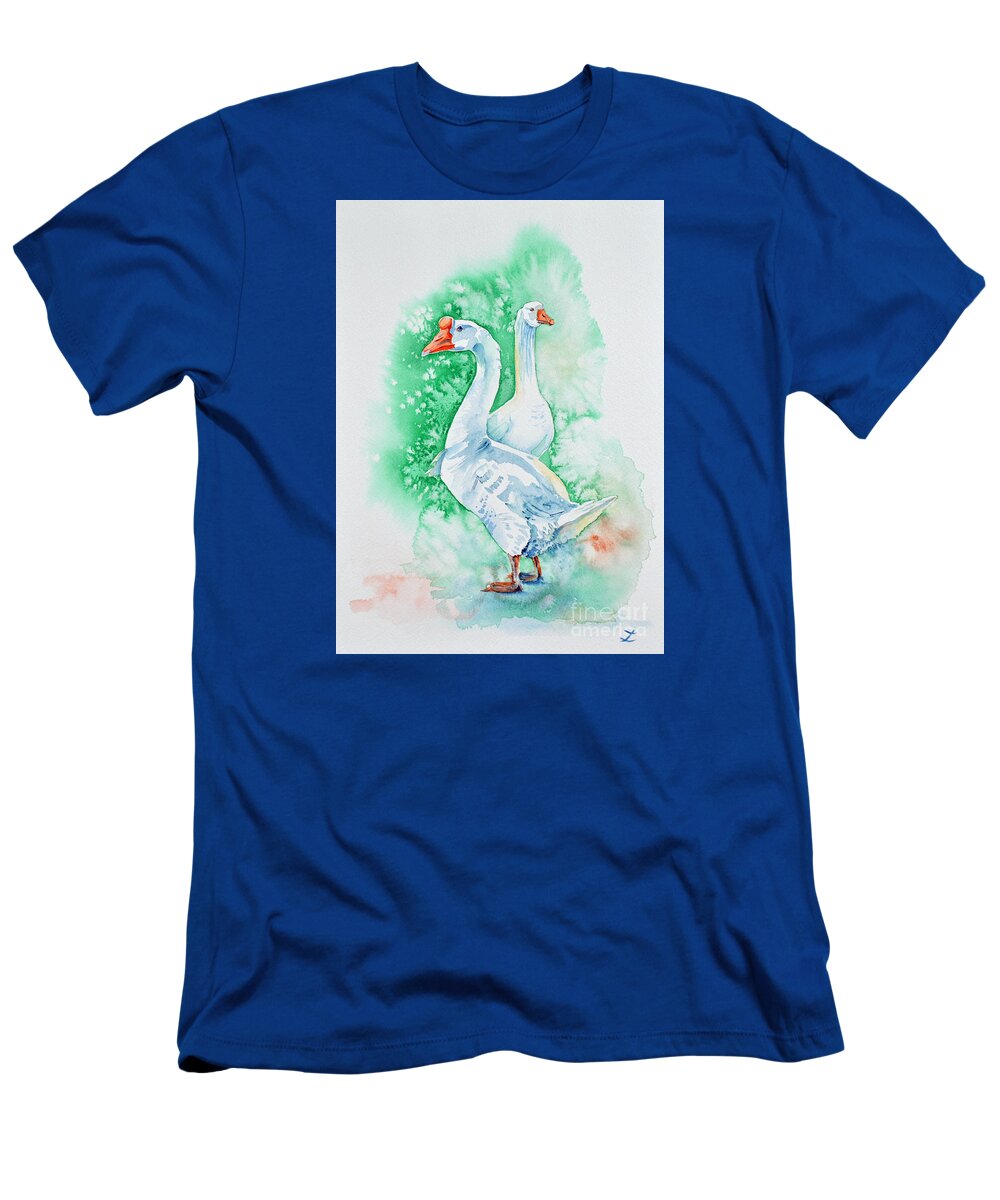Geese T-Shirt featuring the painting White Geese by Zaira Dzhaubaeva