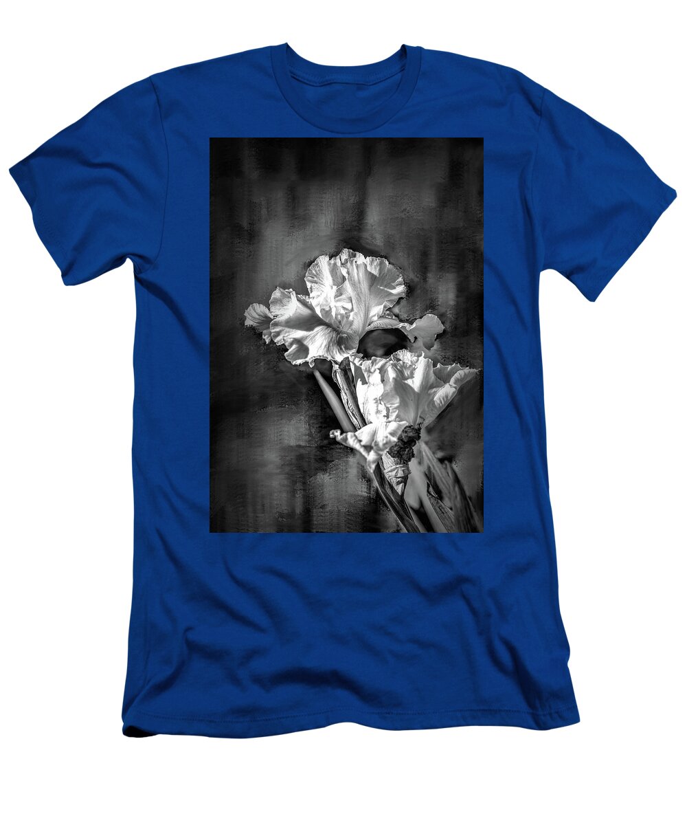 White T-Shirt featuring the photograph White iris on abstract background BW #g4 by Leif Sohlman