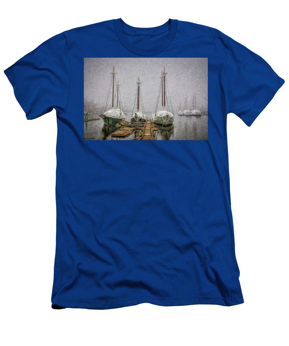 Camden Harbor T-Shirt featuring the photograph Windjammers in Winter by Fred LeBlanc