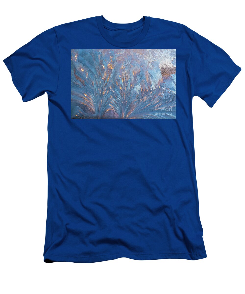 Cheryl Baxter Photography T-Shirt featuring the photograph Window Frost At Sunset by Cheryl Baxter