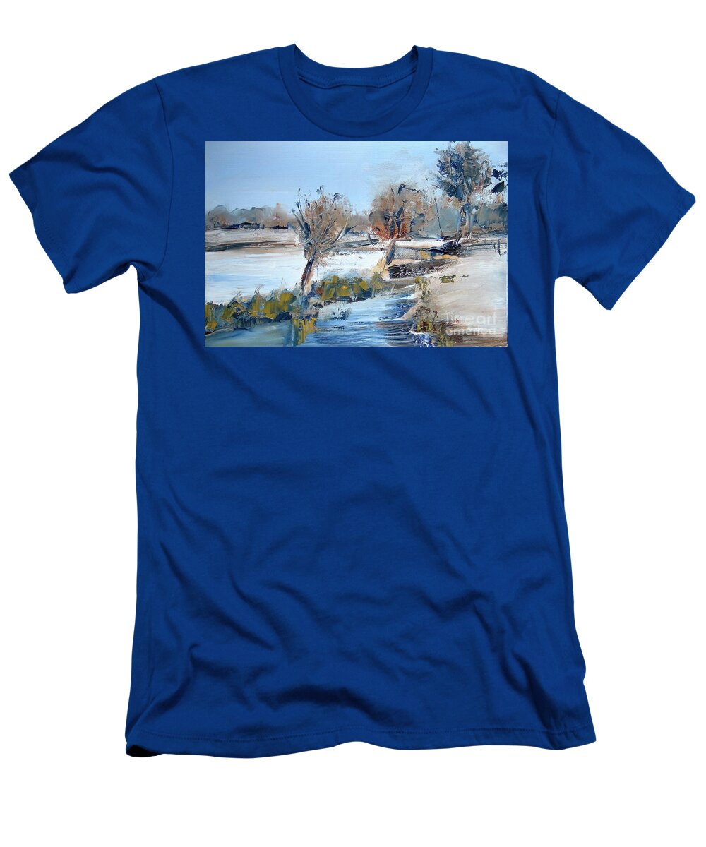Winter Landscape T-Shirt featuring the painting Winter stream by Angela Cartner