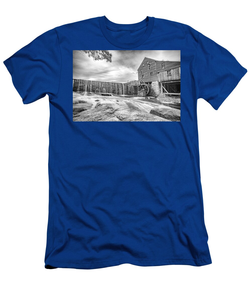 Mill T-Shirt featuring the photograph Yates Mill in Black and White on a Hazy Day by Anthony Doudt
