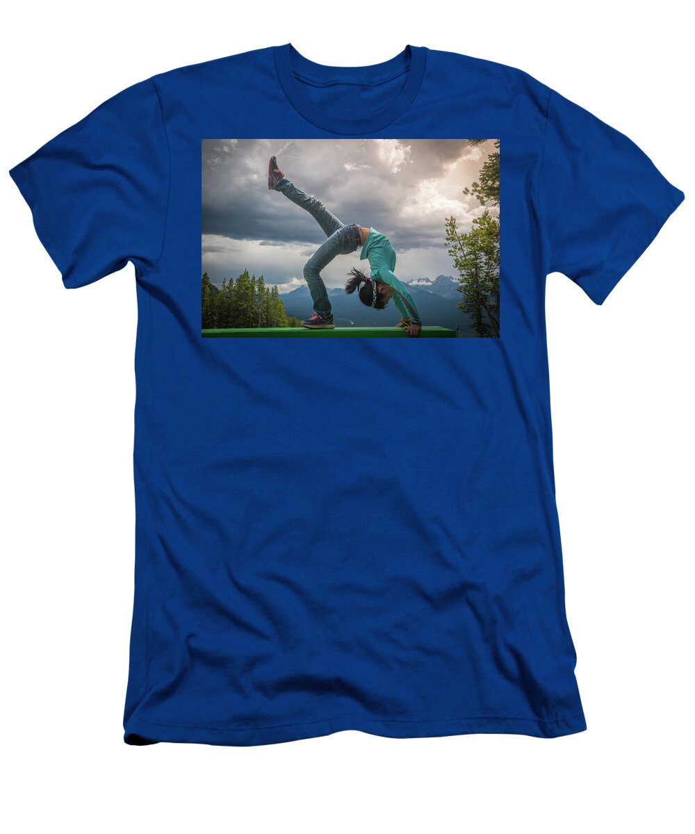 Age T-Shirt featuring the photograph Young asian girl in bridge pose at Lake Louise Area by William Lee