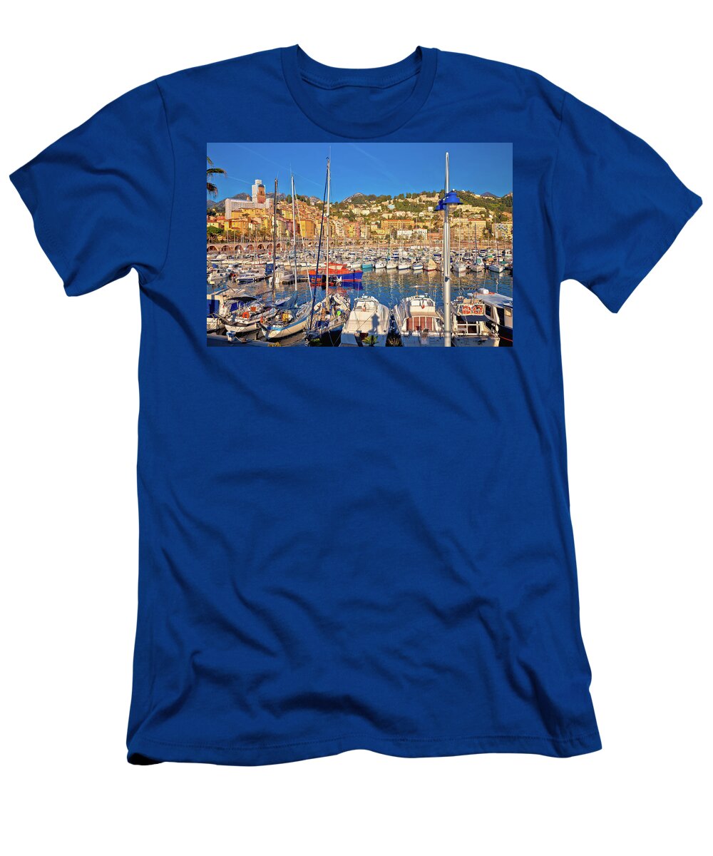 Menton T-Shirt featuring the photograph Colorful Cote d Azur town of Menton harbor and architecture view #1 by Brch Photography