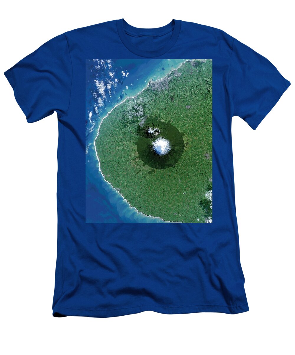Globe T-Shirt featuring the painting Egmont National Park in New Zealand from Space #2 by Celestial Images