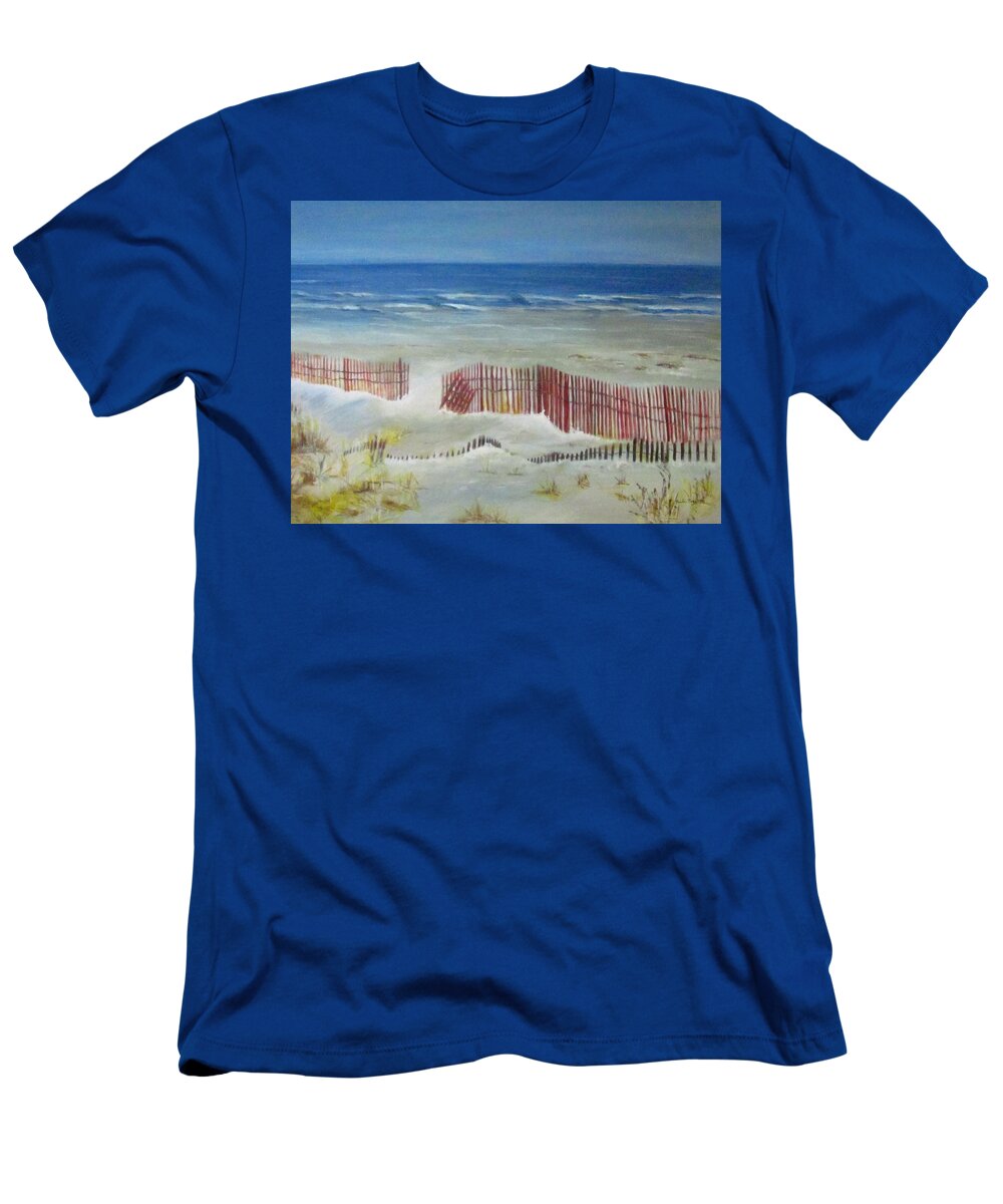 Painting T-Shirt featuring the painting Beach With Red Fence by Paula Pagliughi