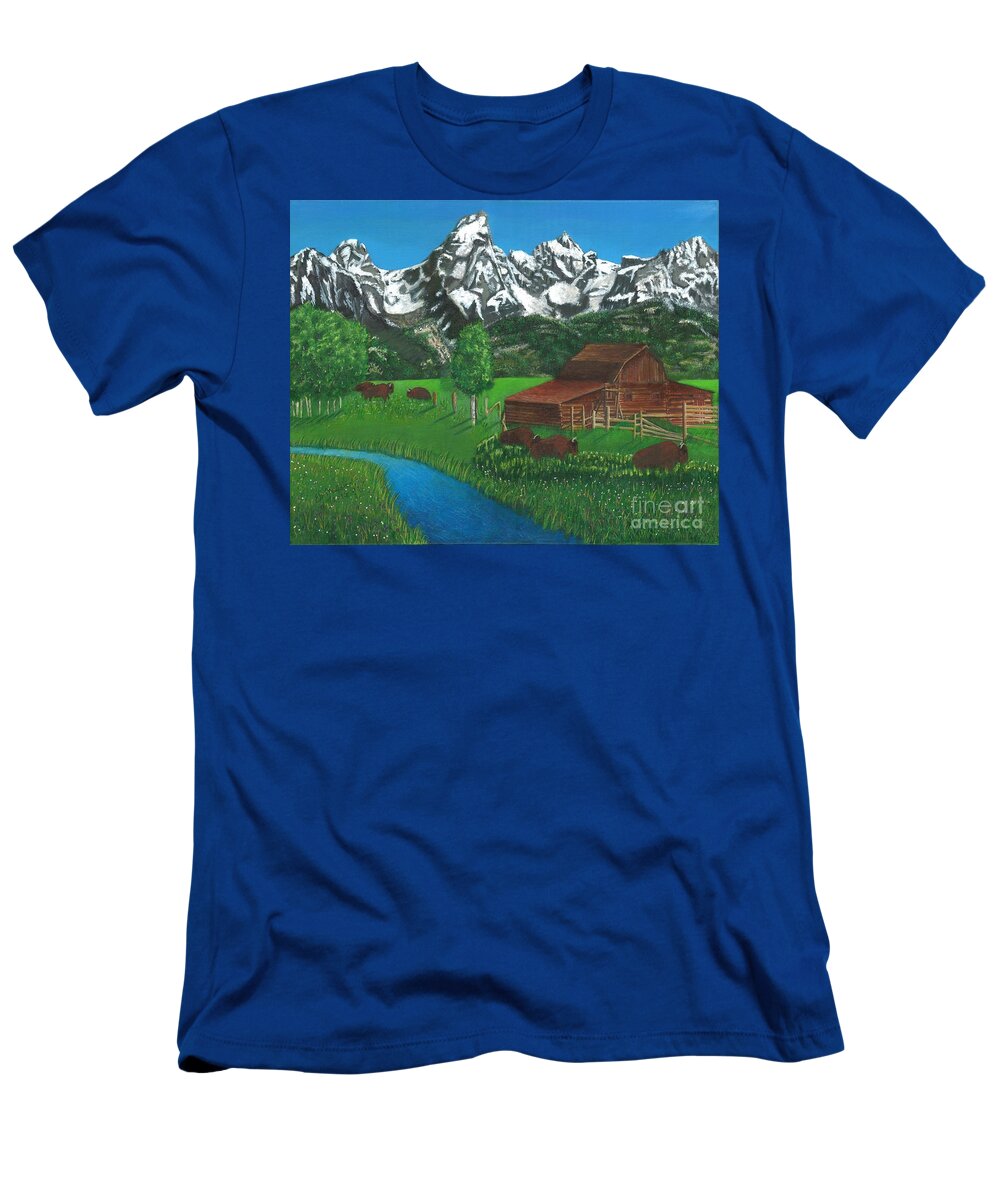 Grand Teton Mountains T-Shirt featuring the painting Bison Roaming Grand Teton Mountains, Wyoming by Elizabeth Dale Mauldin