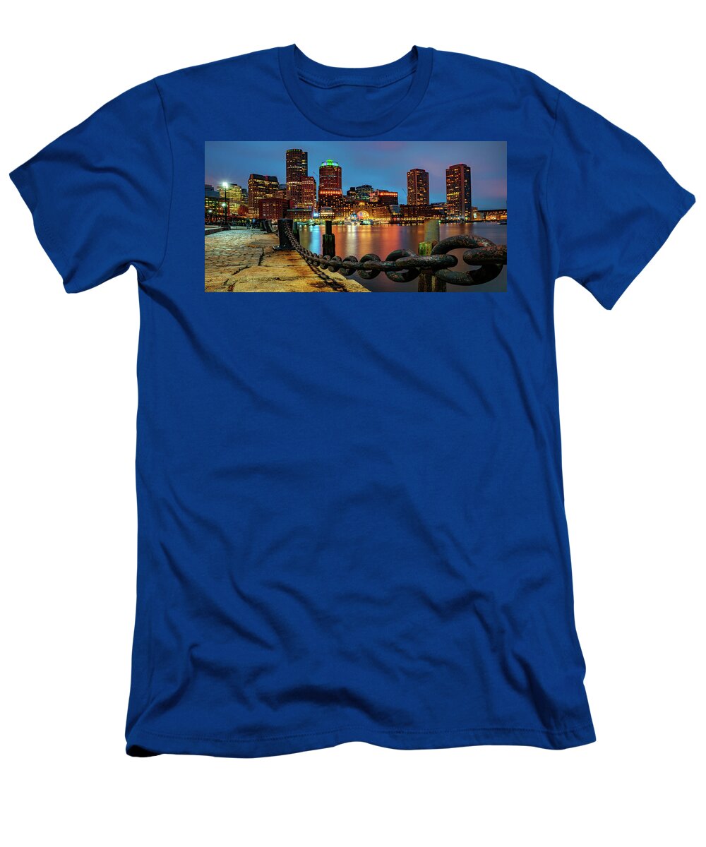 America T-Shirt featuring the photograph Boston Harbor Skyline Panorama From the Harborwalk at Dusk by Gregory Ballos