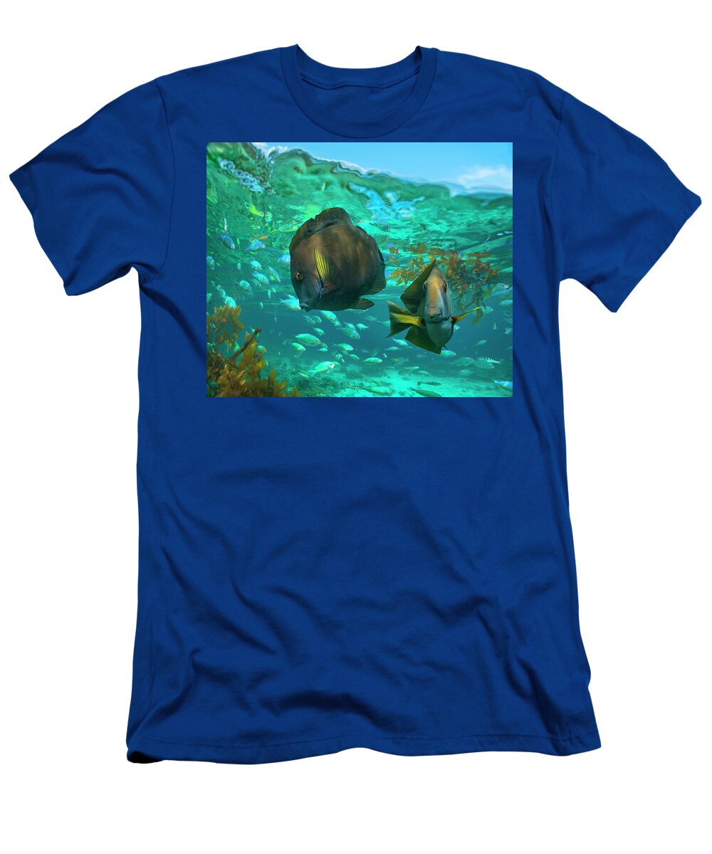 00586457 T-Shirt featuring the photograph Butterflyfish Pair And Blue Chromis, Balicasag Island, Philippines by Tim Fitzharris