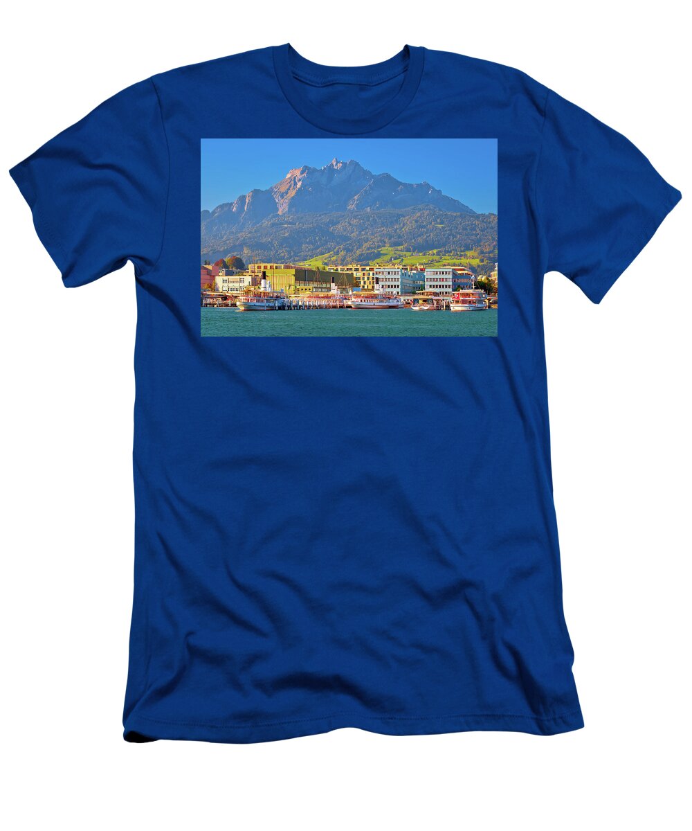 Lake T-Shirt featuring the photograph City of Luzern and Pilatus mountain view from lake by Brch Photography
