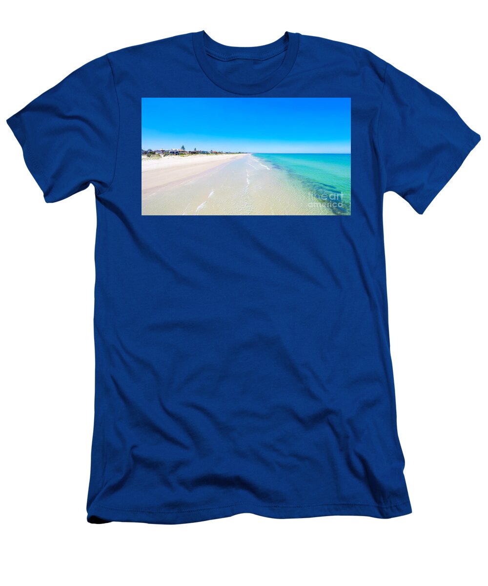 Drone T-Shirt featuring the photograph Drone aerial view of wide open white sandy beach by Milleflore Images