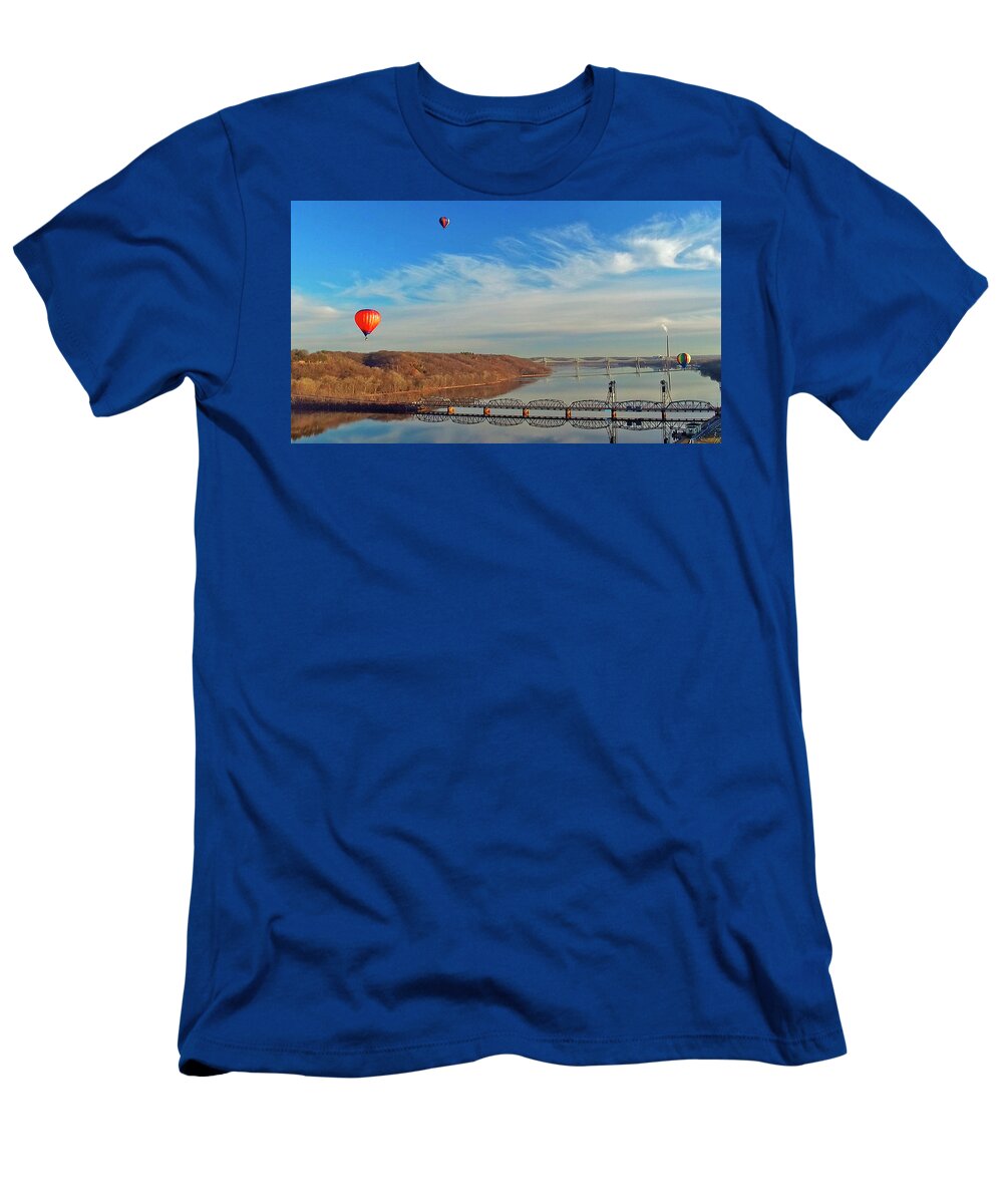 St. Croix River T-Shirt featuring the photograph Fall Colors Stillwater Minnesota Liftbridge Hot Air Baloons Reflections by Greg Schulz Pictures Over Stillwater