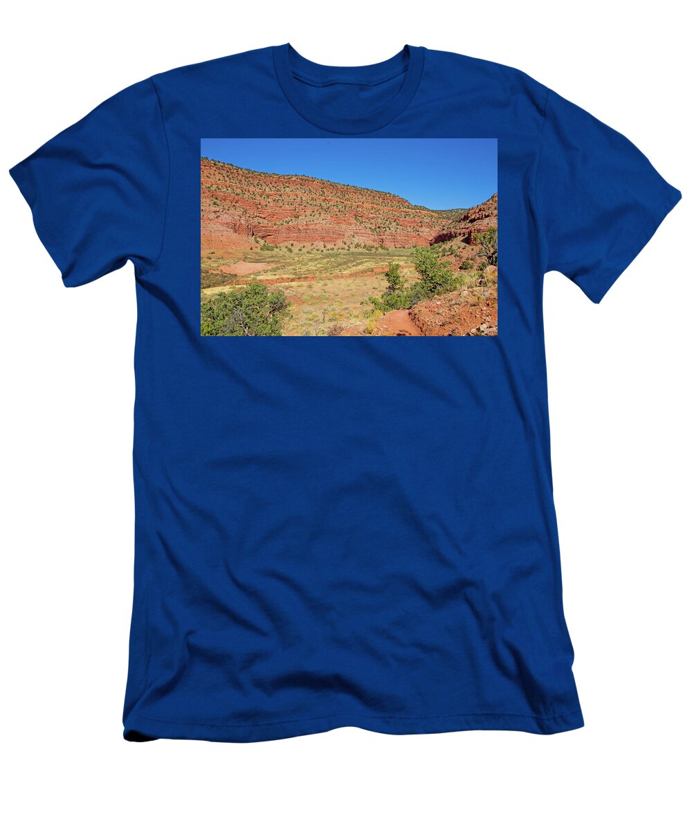 Kanab 2019 Thomas Trail Red Rock Mountains Blue Sky Vegetation T-Shirt featuring the photograph Kanab 2019 Thomas Trail red rock mountains blue sky vegetation by David Frederick