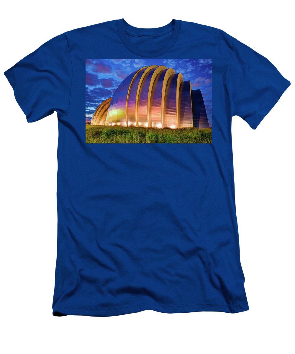 America T-Shirt featuring the photograph Kansas City Kauffman Center at Dawn by Gregory Ballos