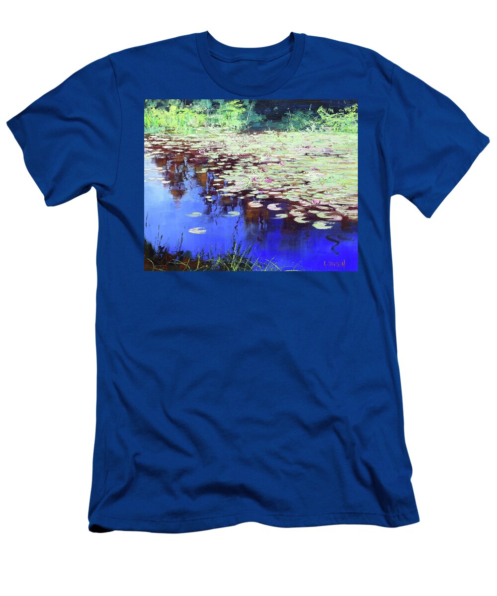 Lily T-Shirt featuring the painting Lilies on blue water by Graham Gercken