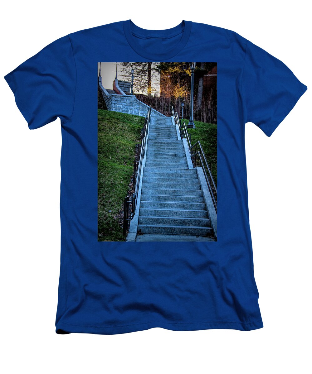 Centennial Stairs T-Shirt featuring the photograph Norwich University Centennial stairs with Dates by Jeff Folger