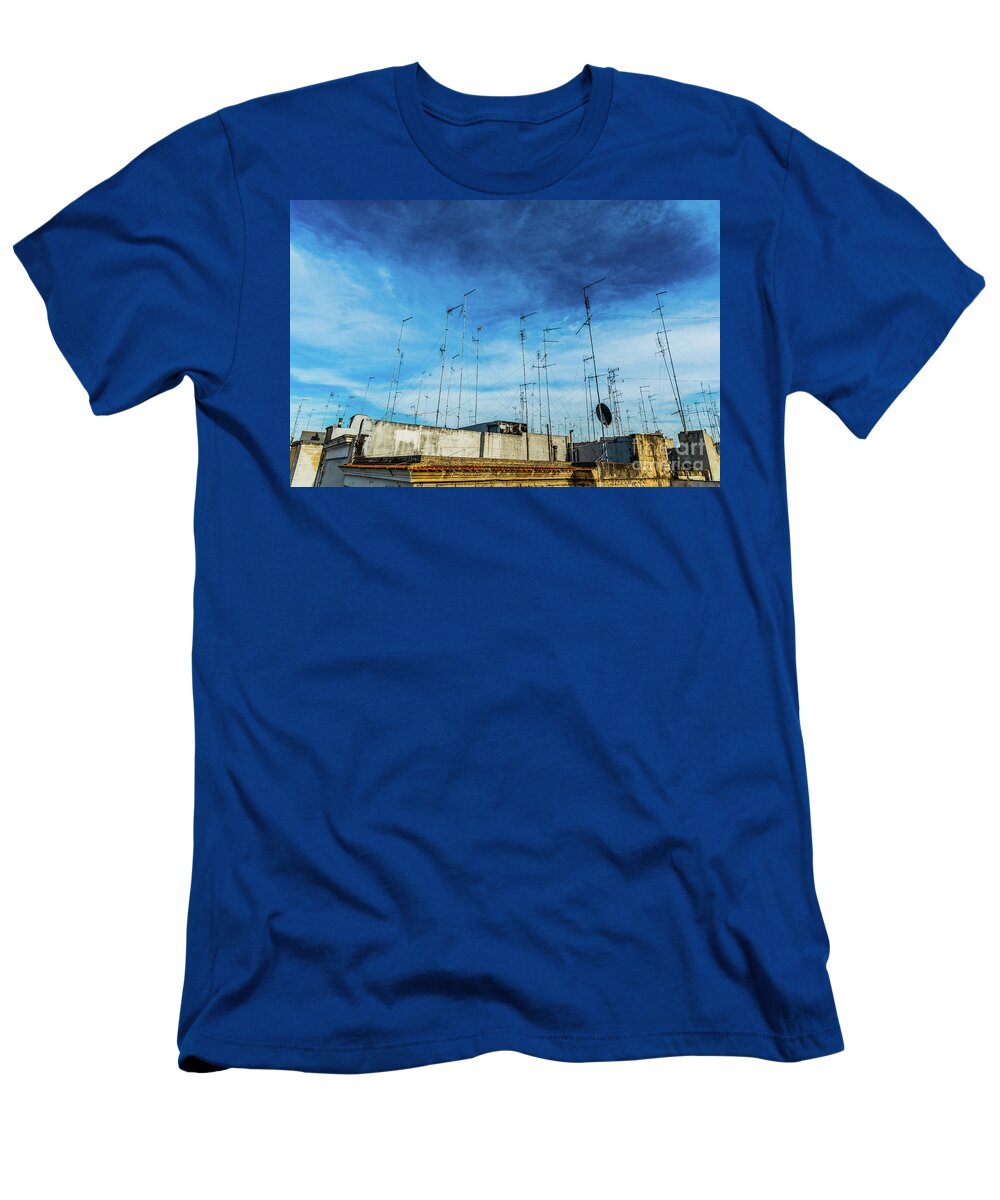 Aerial T-Shirt featuring the photograph Old buildings in the city of Bari with roofs full of old televis by Joaquin Corbalan