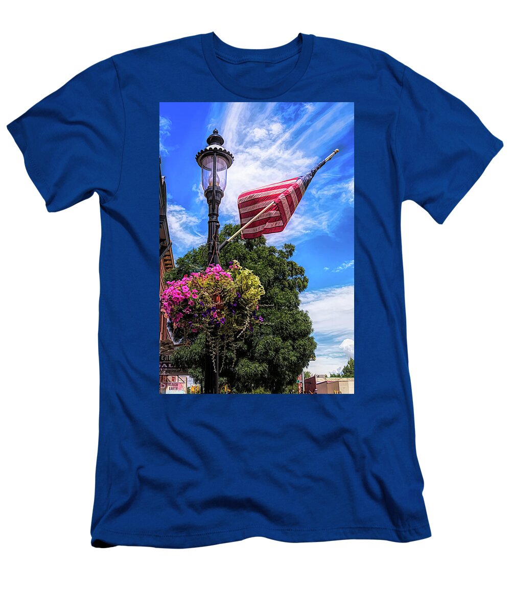 American T-Shirt featuring the photograph Pretty All American Lamp Post Flowers and Flag by Debra Martz