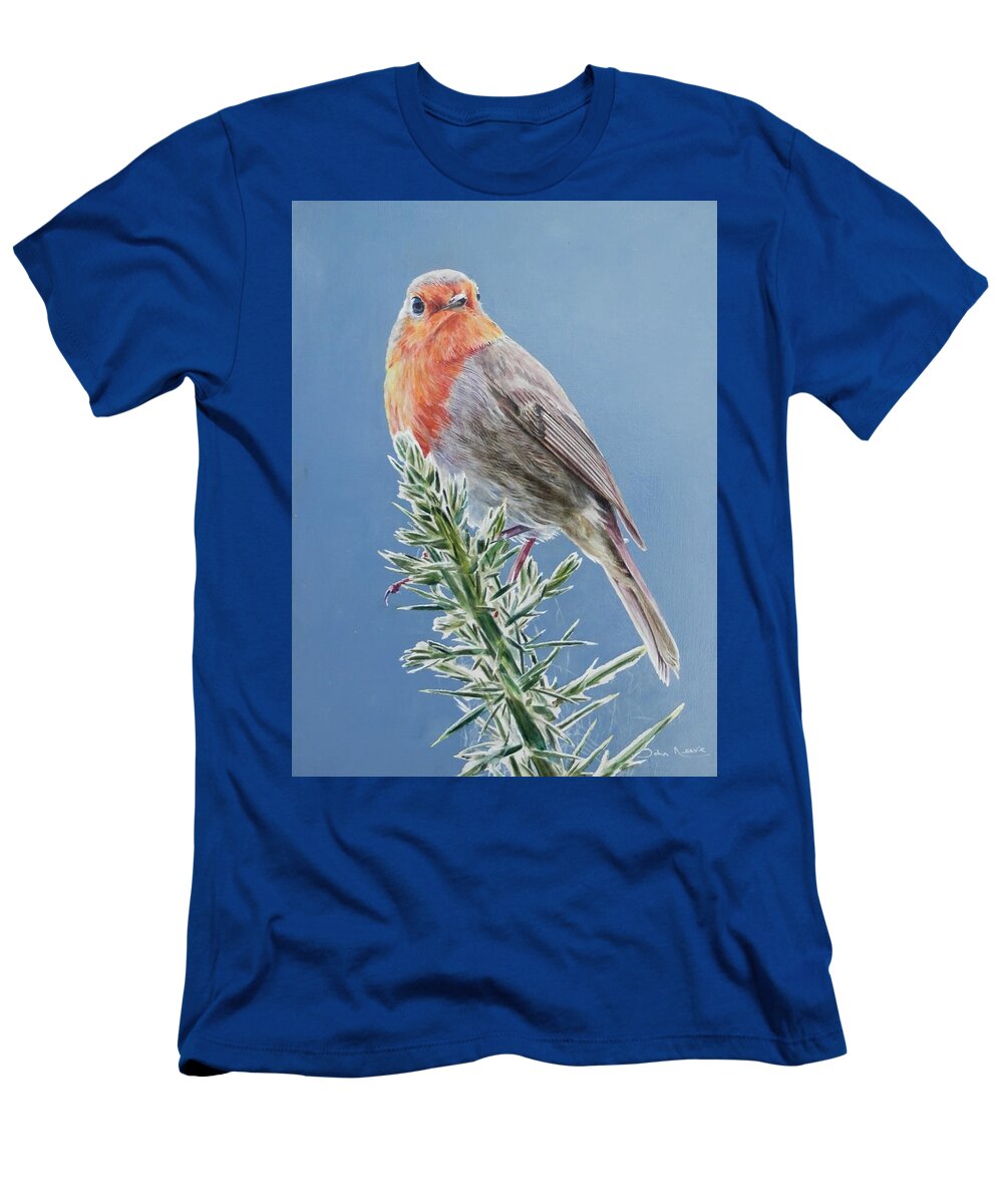 Robin T-Shirt featuring the painting Robin on Thorns by John Neeve