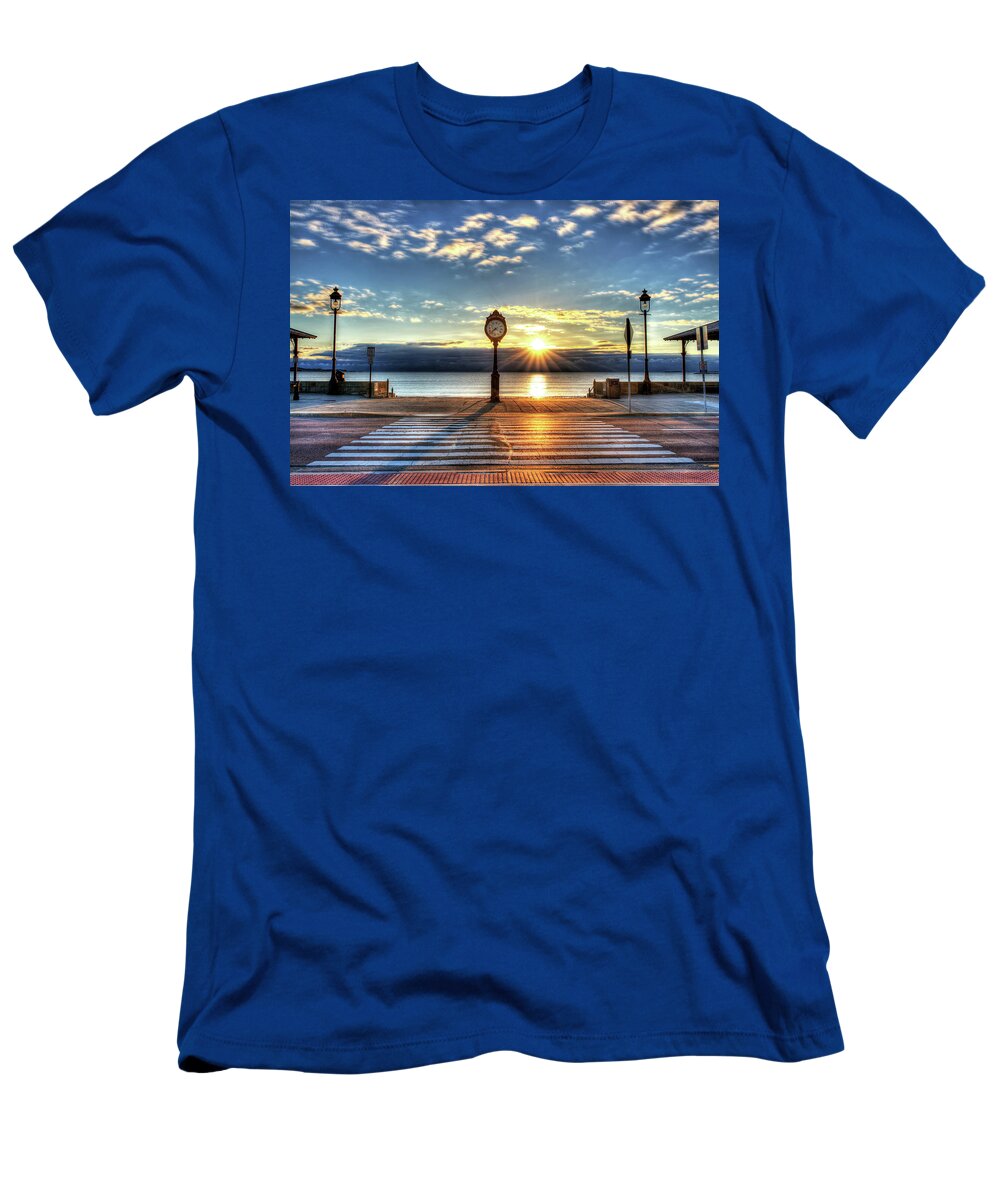 Revere T-Shirt featuring the photograph Revere Beach Clock at Sunrise Angled Long Shadow Revere MA by Toby McGuire