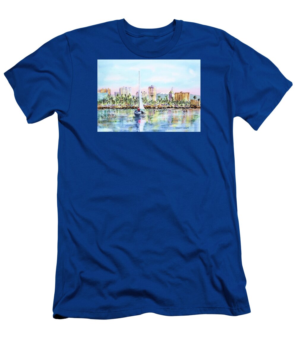 Long Beach California T-Shirt featuring the painting Sailing into Downtown Long Beach by Debbie Lewis