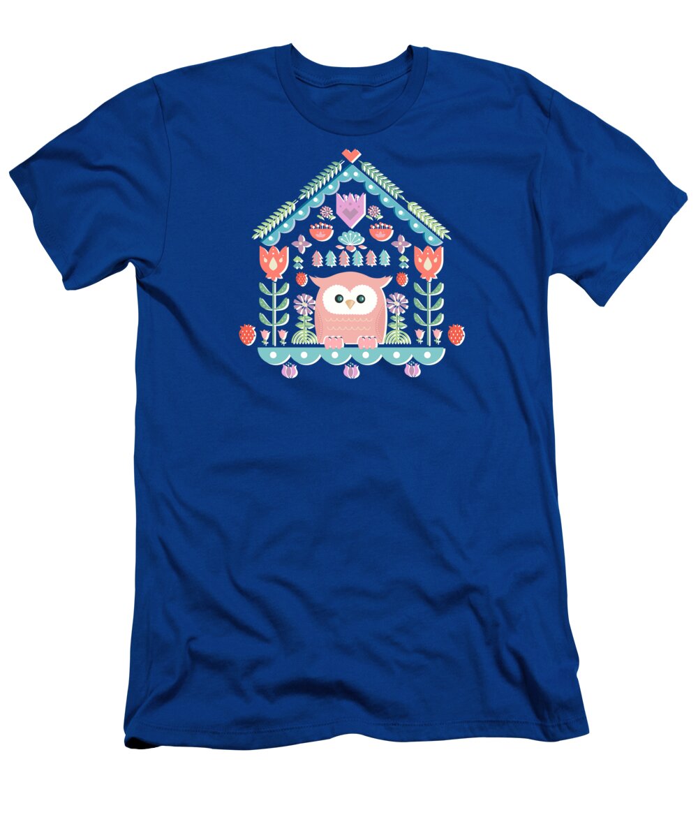 Painting T-Shirt featuring the painting Scandinavian Folk Style Owl Bird House by Little Bunny Sunshine