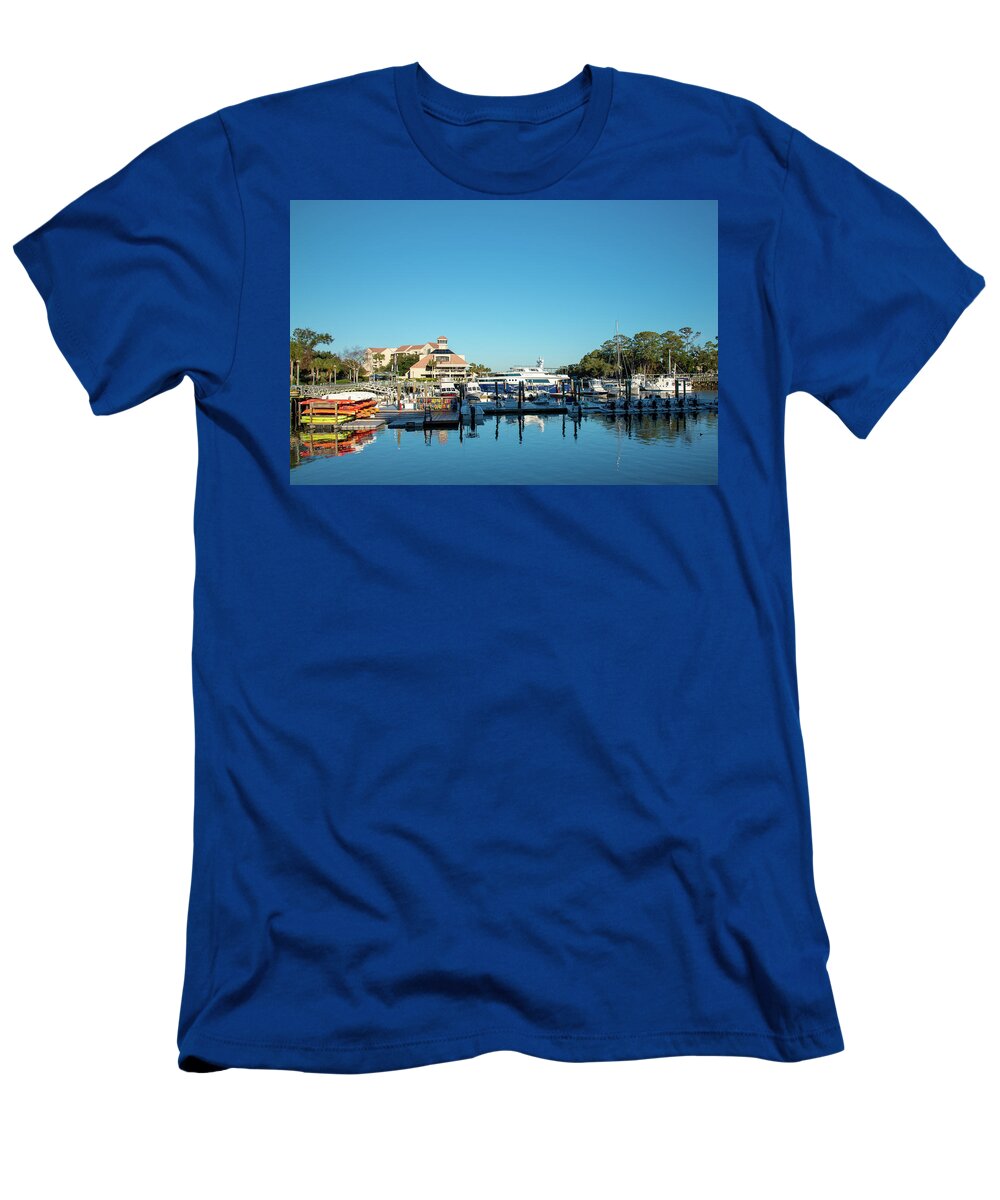 Shelter Cove Marina T-Shirt featuring the photograph Shelter Cove Blue Morning by Dennis Schmidt
