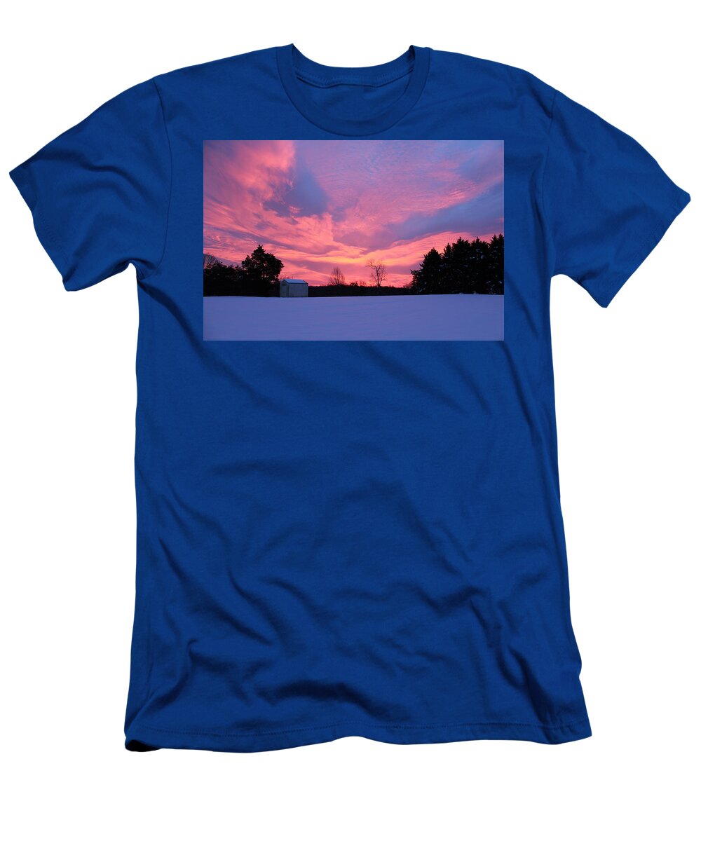 Winter T-Shirt featuring the photograph Stunning Sunrise after Snowfall by M E
