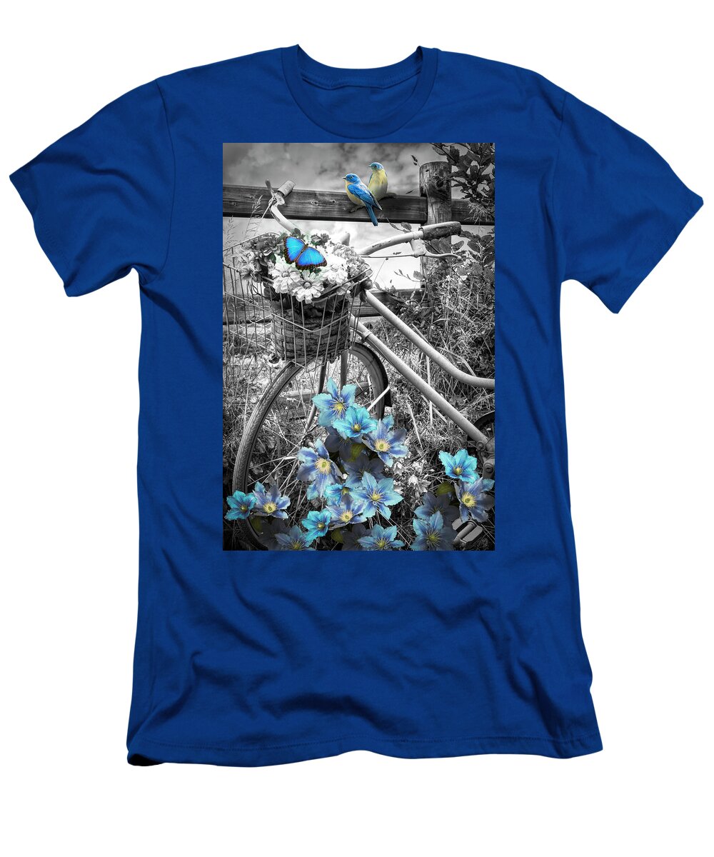 Barns T-Shirt featuring the photograph Summer Breeze on a Bicycle Black and White with Blue Color Selec by Debra and Dave Vanderlaan