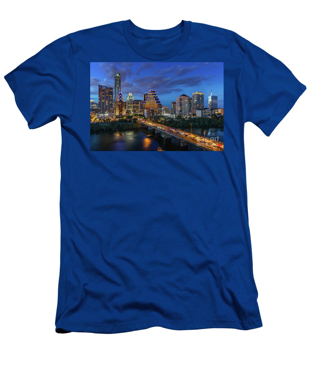 Austin Bat Fest T-Shirt featuring the photograph The Austin Skyline shines bright as thousands take to the Congress Avenue Bridge by Dan Herron