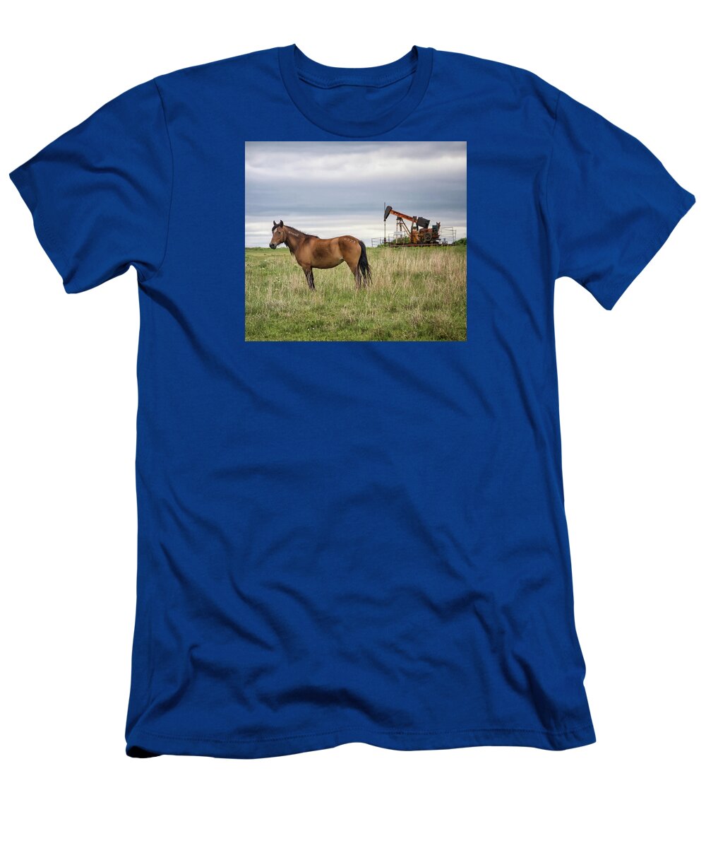 Horse T-Shirt featuring the photograph The Horse and the Pump Jack by Jolynn Reed