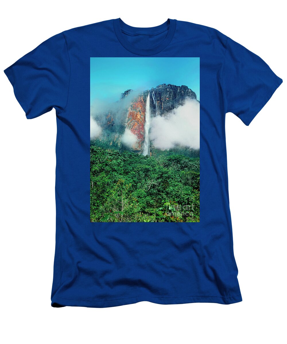 Dave Welling T-Shirt featuring the photograph The Jungle Surrounds Angel Falls And Tropical Rainforest Canaima Np Venezuela by Dave Welling