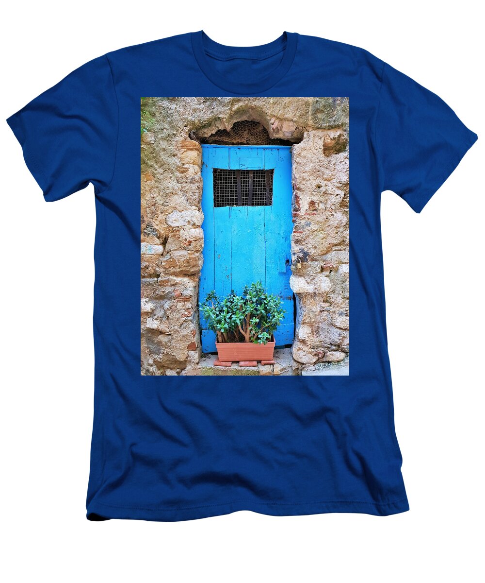 Doors T-Shirt featuring the photograph The Old Blue Door by Andrea Whitaker