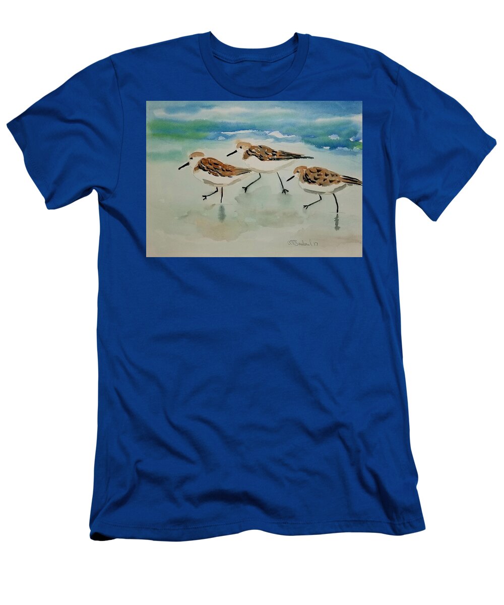 Plovers T-Shirt featuring the painting Three birds at the beach by Ann Frederick